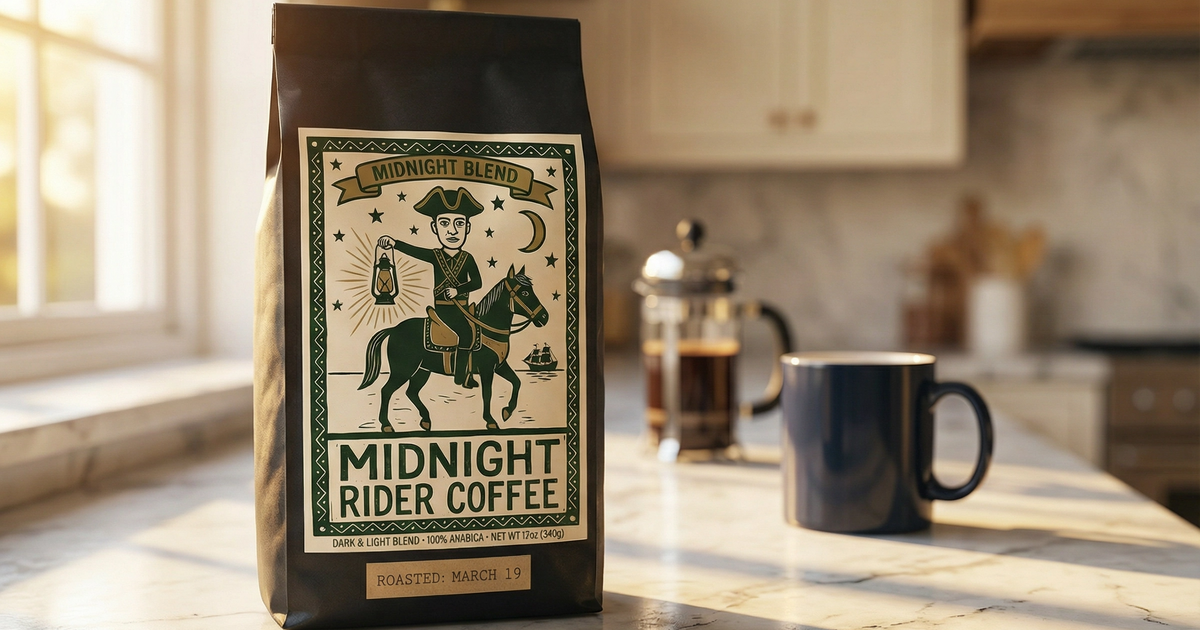 Midnight Rider Coffee Midnight Blend bag with roast date March 19 on a marble kitchen counter with morning sunlight and a French press