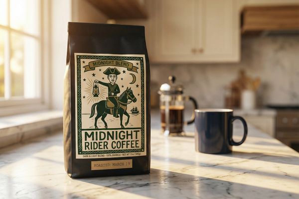 Midnight Rider Coffee Midnight Blend bag with roast date March 19 on a marble kitchen counter with morning sunlight and a French press