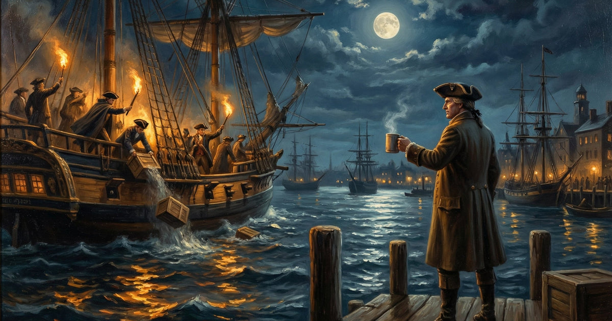 Colonial patriot holds a coffee cup as tea is thrown into Boston Harbor during the Boston Tea Party — oil painting