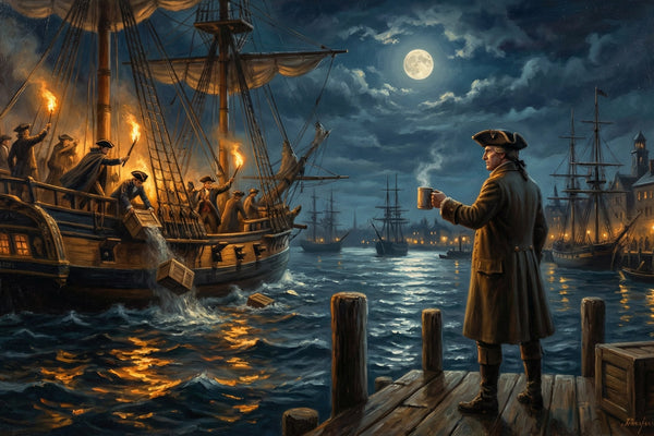 Colonial patriot holds a coffee cup as tea is thrown into Boston Harbor during the Boston Tea Party — oil painting