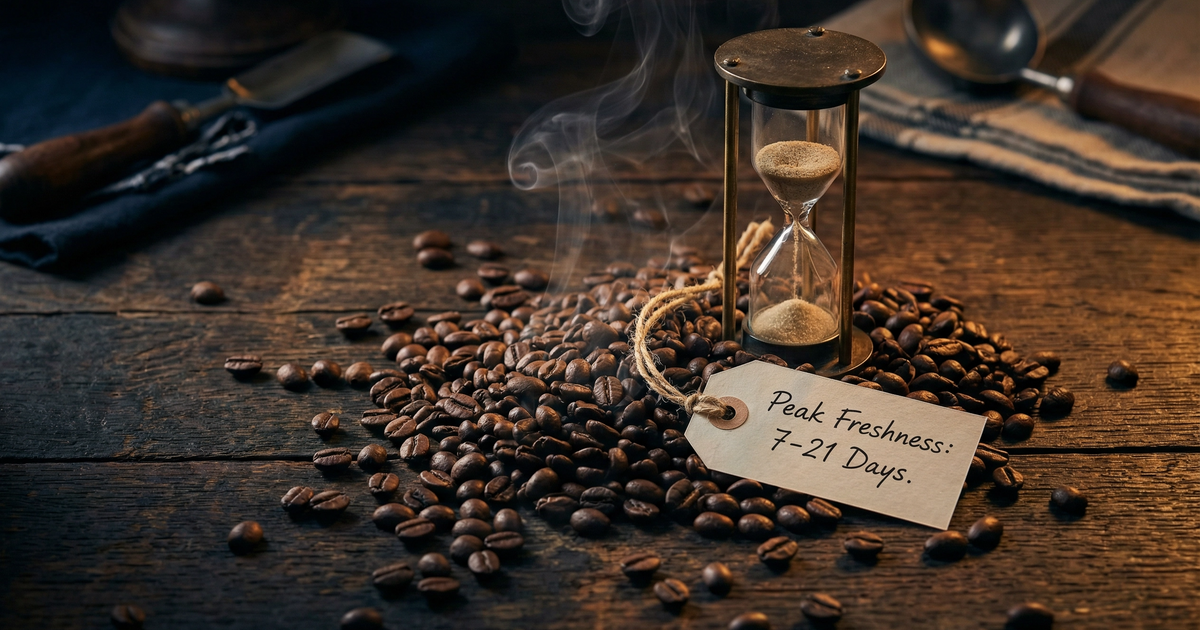 Freshly roasted coffee beans with a vintage hourglass — how long does coffee stay fresh after roasting