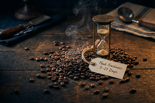 Freshly roasted coffee beans with a vintage hourglass — how long does coffee stay fresh after roasting