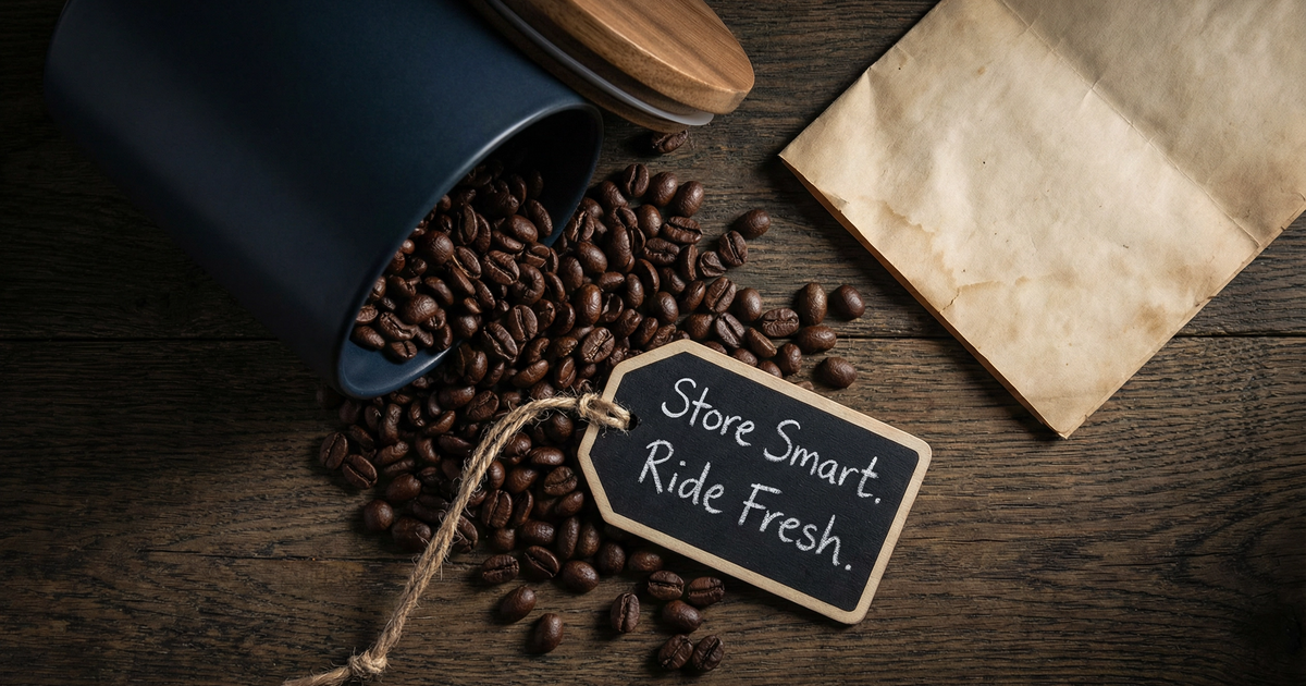 Whole coffee beans spilling from an airtight ceramic canister — how to store coffee beans for maximum freshness