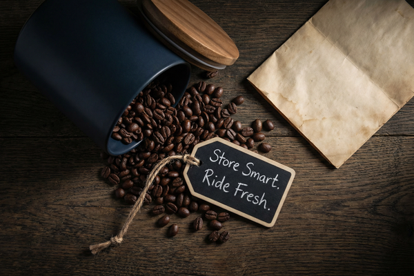 Whole coffee beans spilling from an airtight ceramic canister — how to store coffee beans for maximum freshness