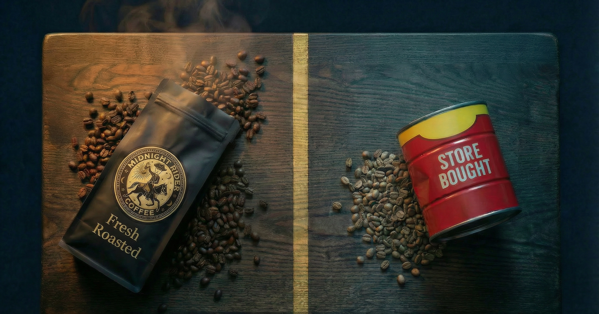 Midnight Rider Coffee fresh roasted bag vs generic store-bought coffee can side by side on dark oak table