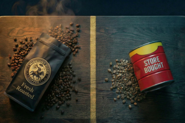 Midnight Rider Coffee fresh roasted bag vs generic store-bought coffee can side by side on dark oak table