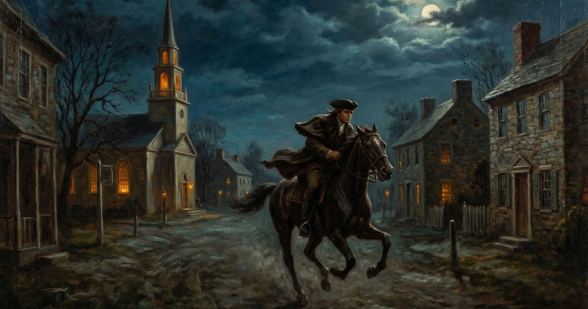 Paul Revere's midnight ride through colonial New England — oil painting