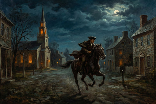Paul Revere's midnight ride through colonial New England — oil painting