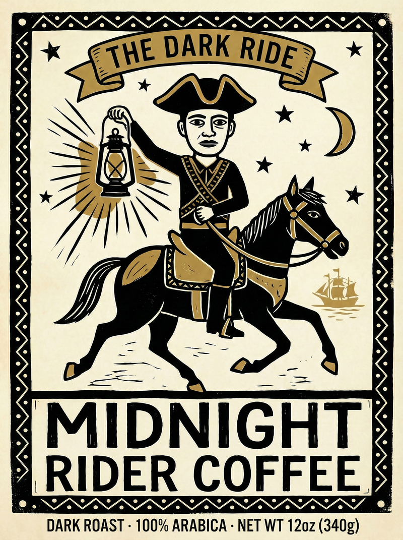 The Dark Ride dark roast coffee by Midnight Rider Coffee, brewed black in a dark mug, rich and smooth