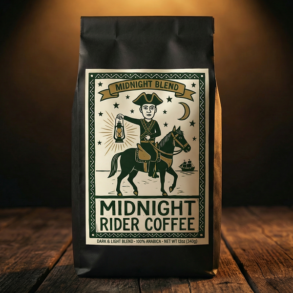 Midnight Blend light and dark roast coffee bag by Midnight Rider Coffee, 12oz, featuring colonial rider woodcut label